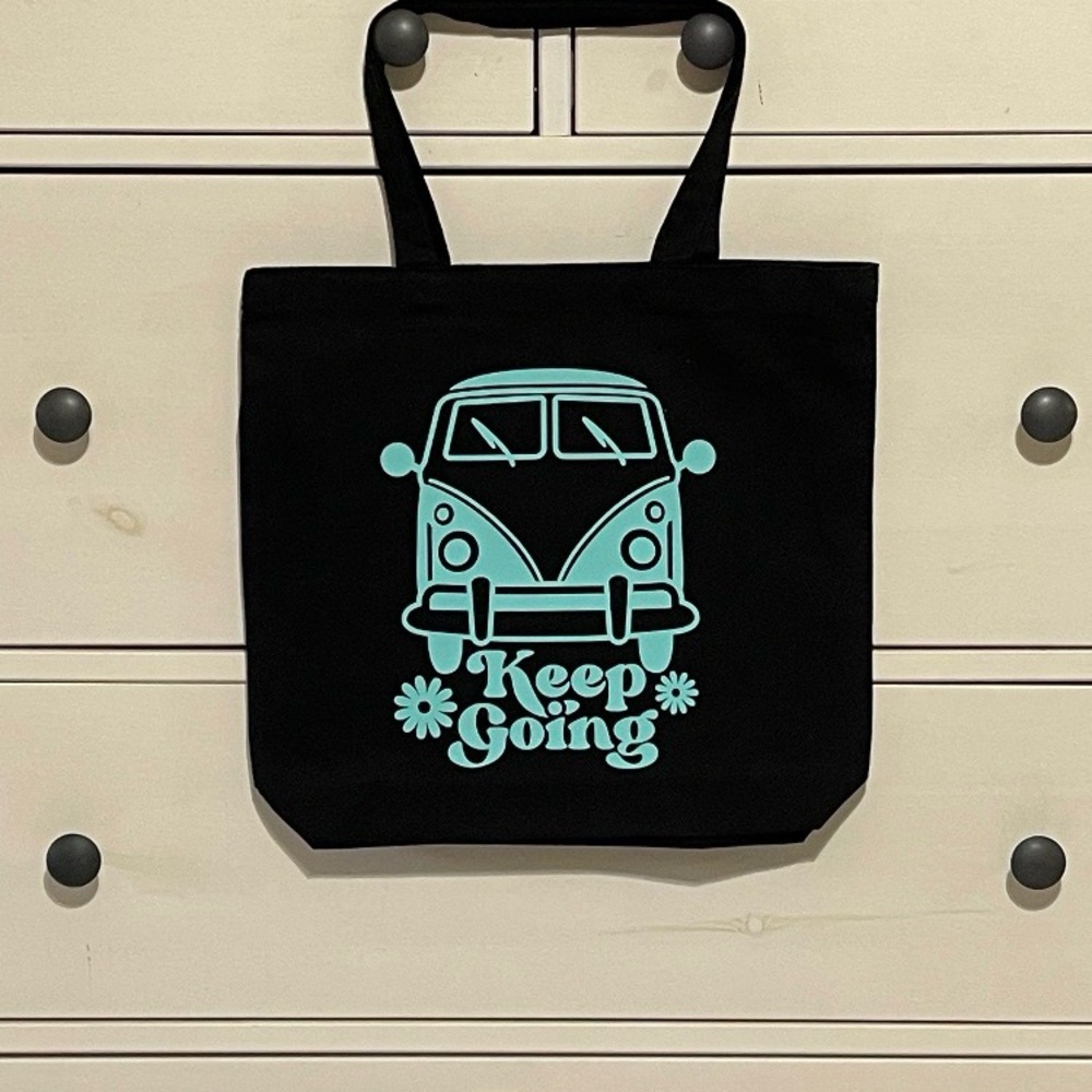 Black Tote Bag with Blue Van Graphic, Brand New, Handmade, Never Used